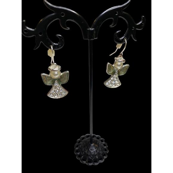 Angel Earrings Fishhook Pierced Silvertone 1.4" Drop Sparkly - Picture 3 of 7